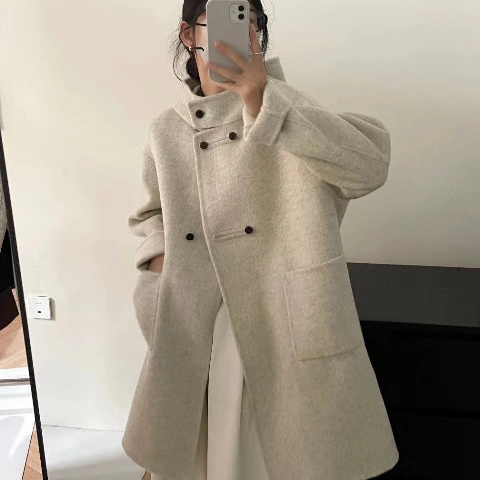 【小泡芙戴帽】双面全羊毛时尚韩系手工羊毛大衣戴帽中长款外套百搭