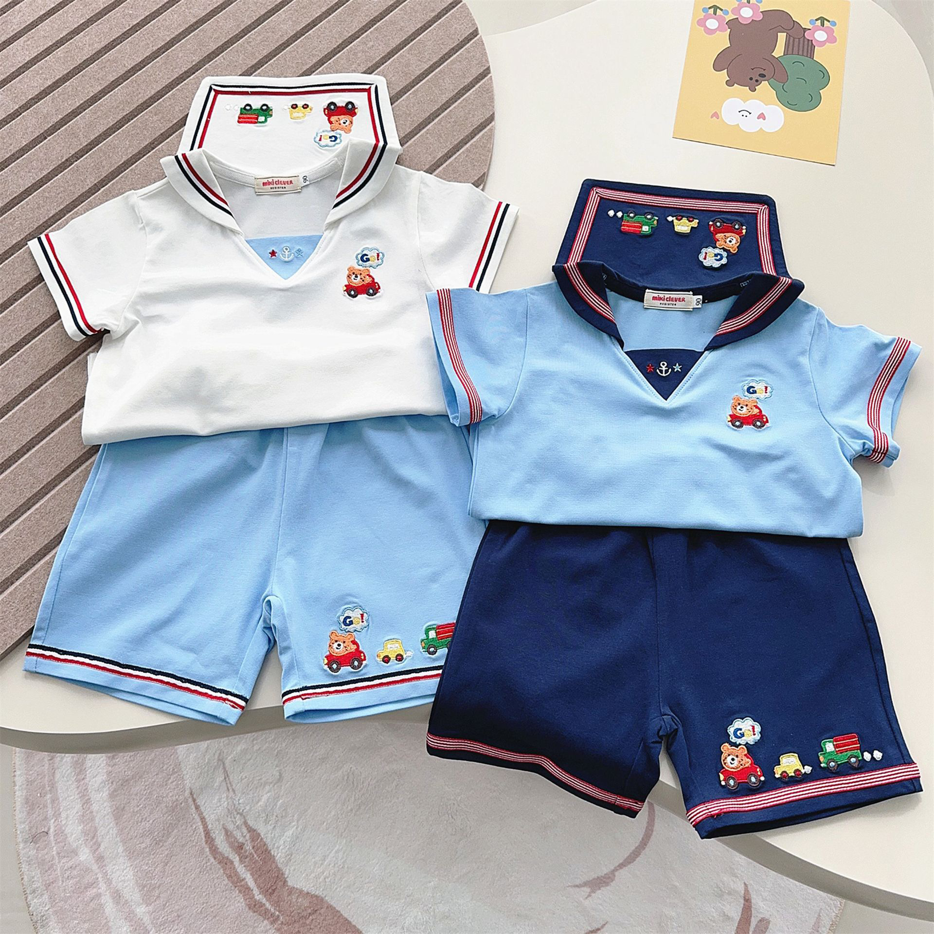 外贸Miki日系童装25夏季新款男女童卡通小熊赛车学院短袖套装7010