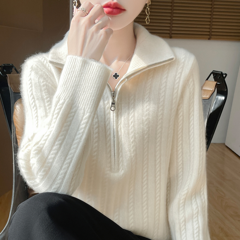 秋冬新款100%羊毛衫厚款半拉链翻领针织衫女时尚设计感慵懒风毛衣