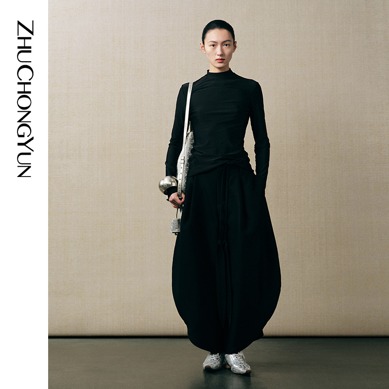 ZHUCHONGYUN2025秋新款修身剪裁收腰抽褶长袖上衣C1FZ30491