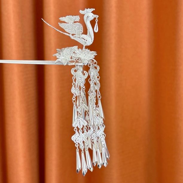 足银银制品 【凤凰于飞】银琢银饰 足银990凤凰长流苏重工发簪簪子