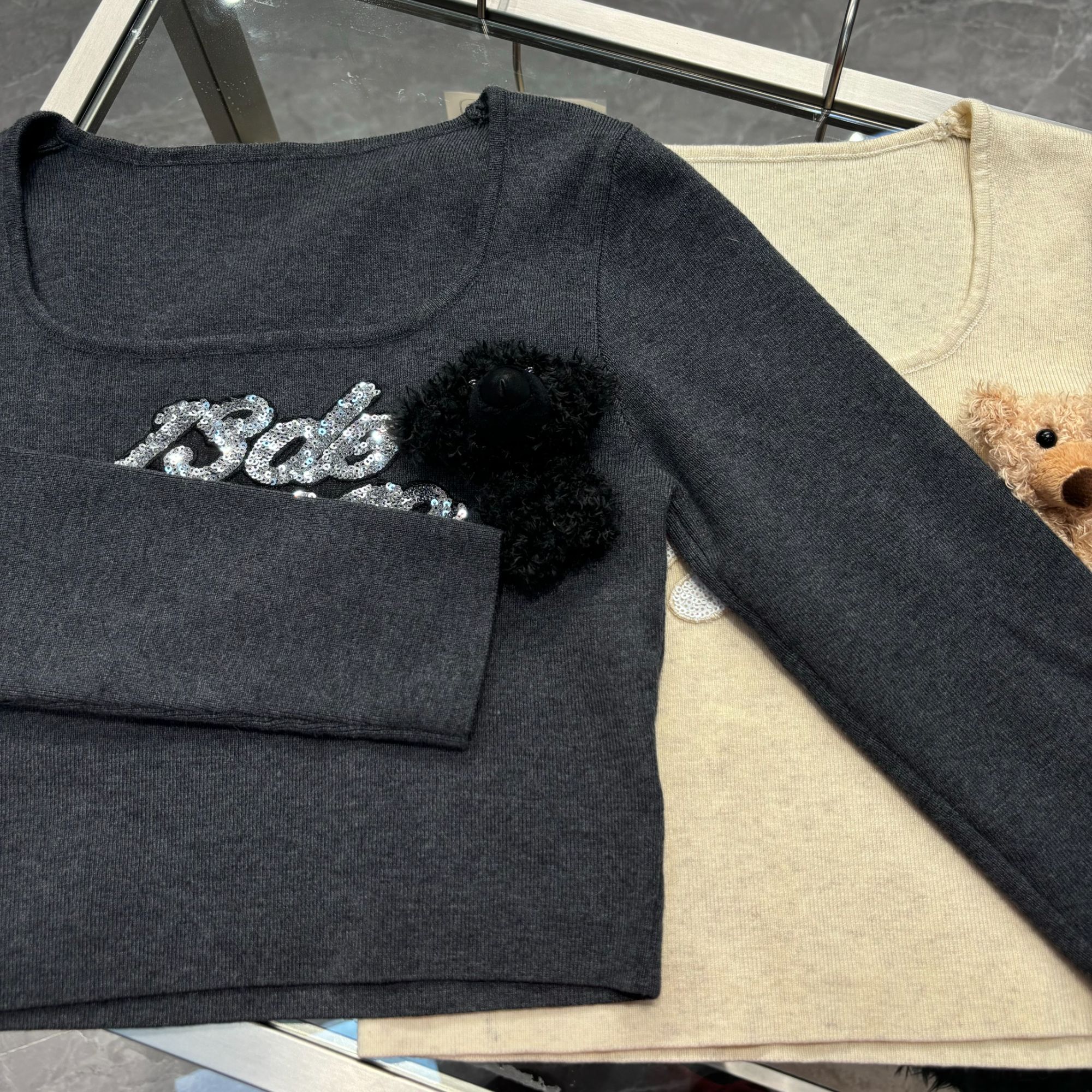 【YU·PP】（115）小众针织亮片设计U领锁骨百搭套头上衣（P0141）