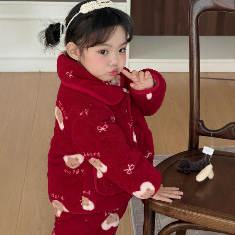 雪粒绒儿童加棉睡衣女童男孩冬季加厚保暖套装三层夹棉家居服小孩