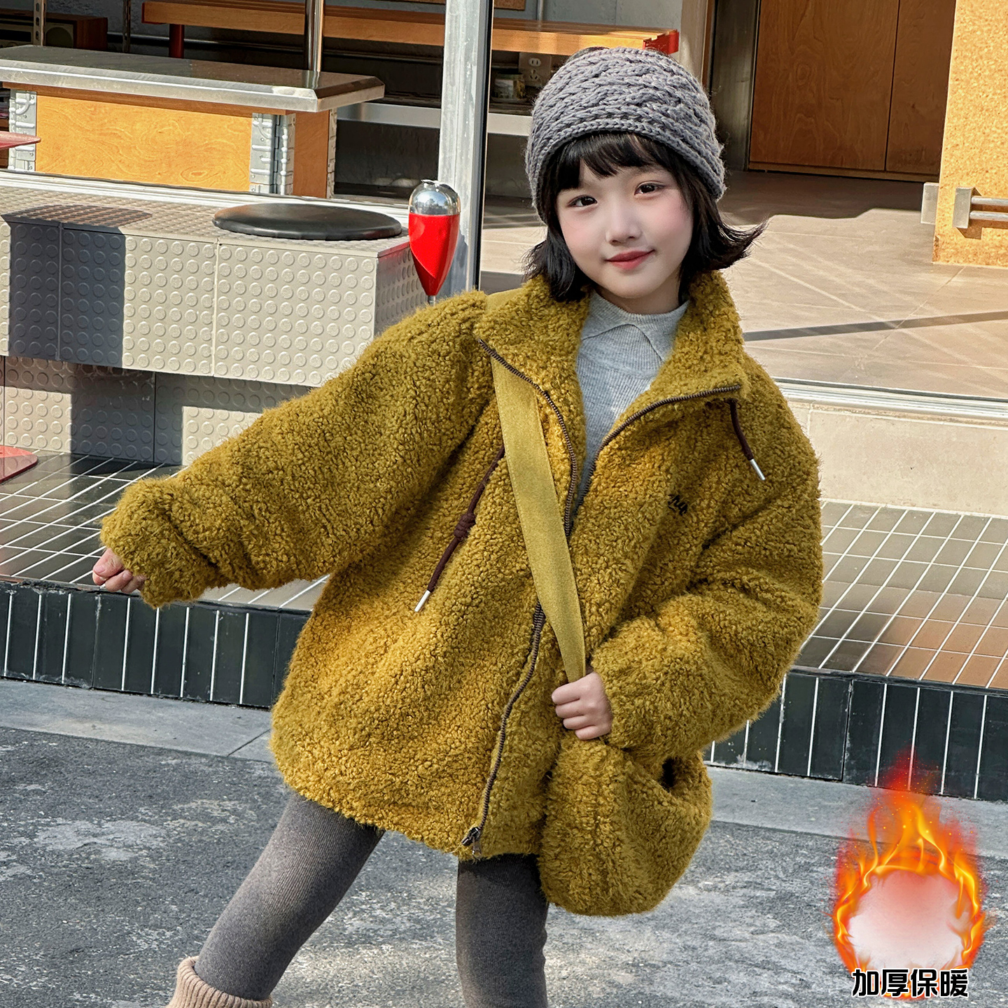 秋冬普通外套女童中大童本命年外套韩版女童加绒加厚毛茸茸大衣