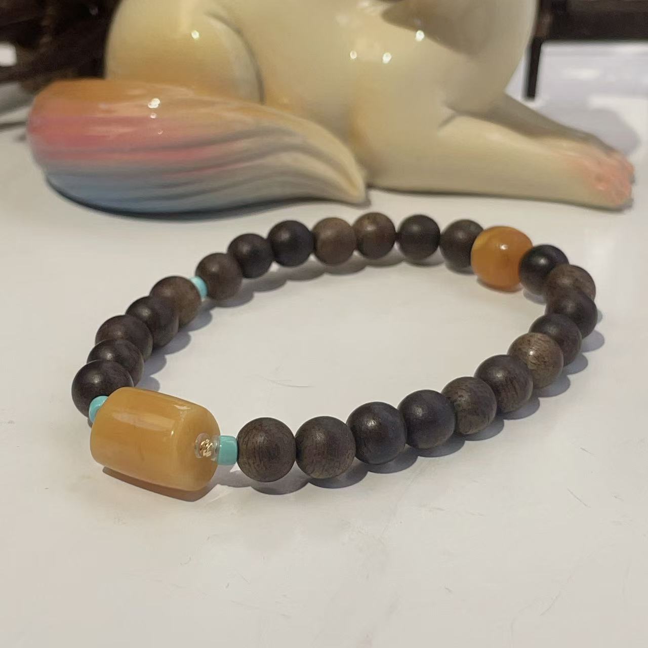沉香沉水白奇楠直切松石蜜蜡马蹄珠手串18k/16cm（令仪）ABQ7119