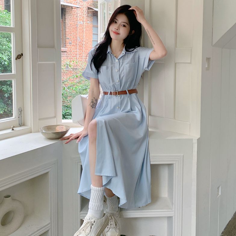 C-8055包包专属大码夏季新款显瘦通勤翻领连衣裙配腰带收腰中长裙