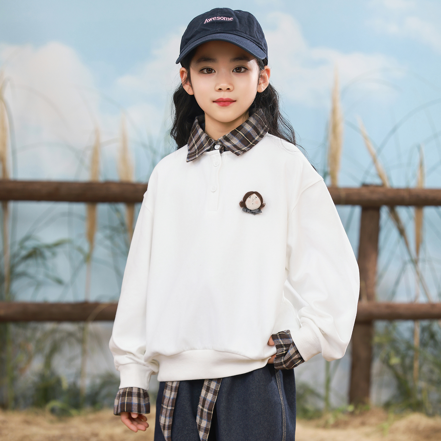 女童卫衣2025新款中大童长袖polo衫领子宽松假两件韩版休闲运动潮