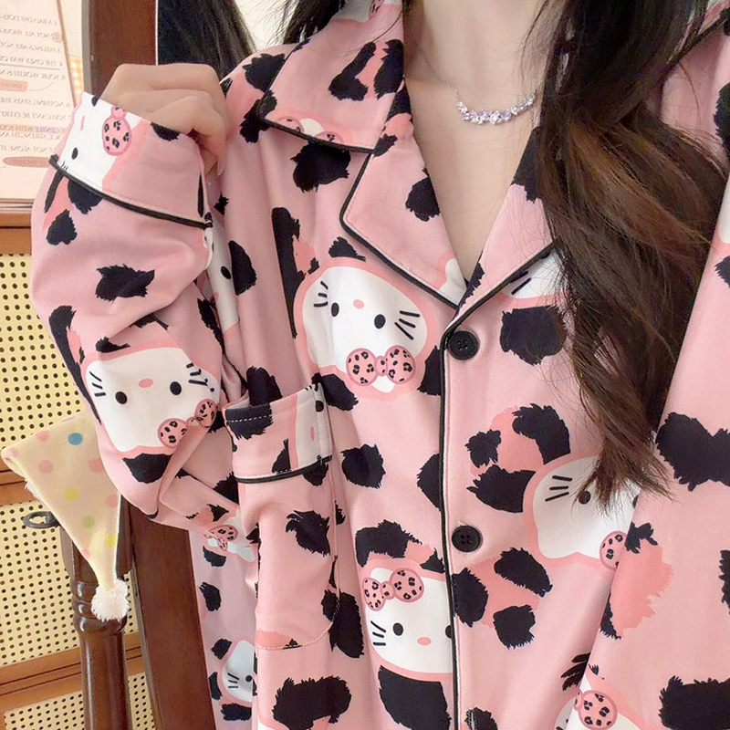 德绒豹纹kitty睡衣女秋冬季开衫长袖长裤可爱加厚保暖家居服套装