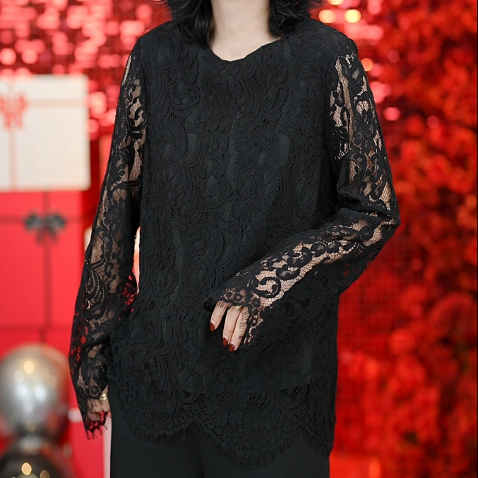 时尚百搭休闲蕾丝长袖带内衬打底T恤/52027