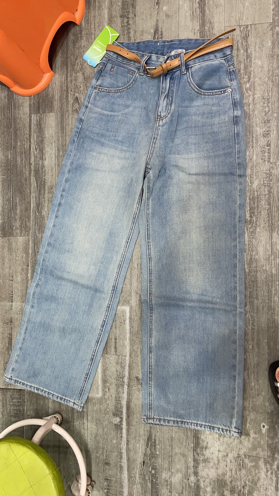 夏季浅蓝蕾丝边九分牛仔直筒裤小个子高腰宽松设计