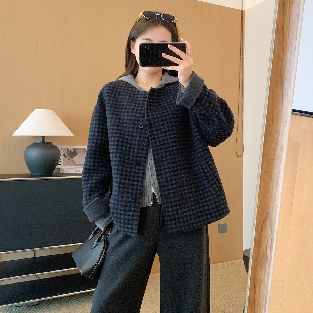 大叮自制【双面毛呢大衣】定织格纹绵羊毛无领单排扣毛呢大衣！S6502