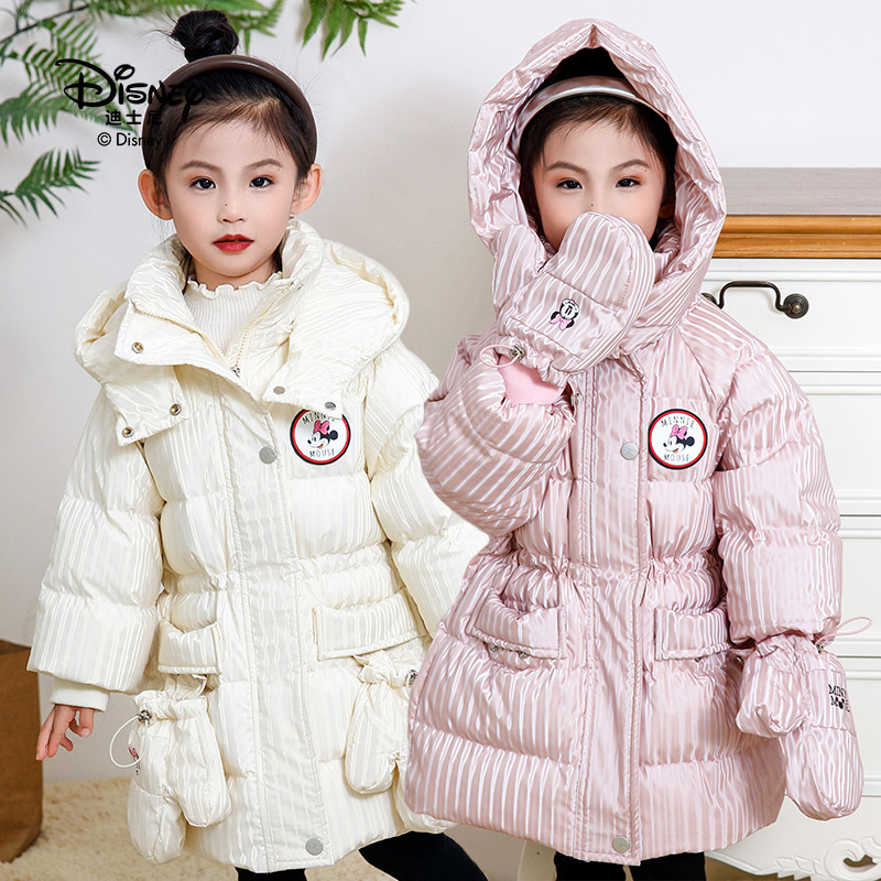 Disney/迪士尼女童冬季可爱米妮手套款保暖中长款羽绒服-jj