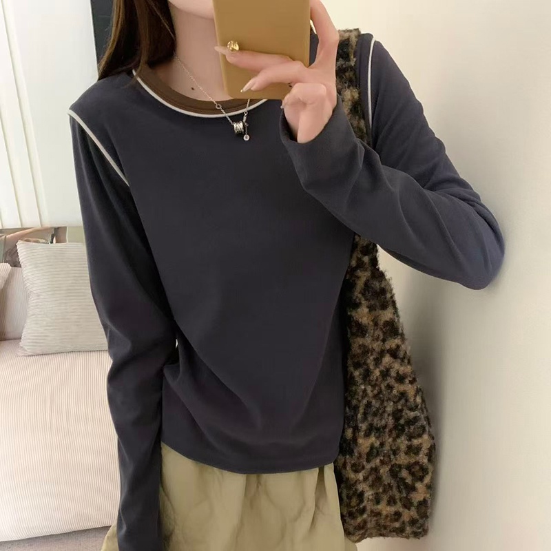 2149冬季明线圆领长袖T恤女加绒加厚宽松休闲百搭女士打底衫