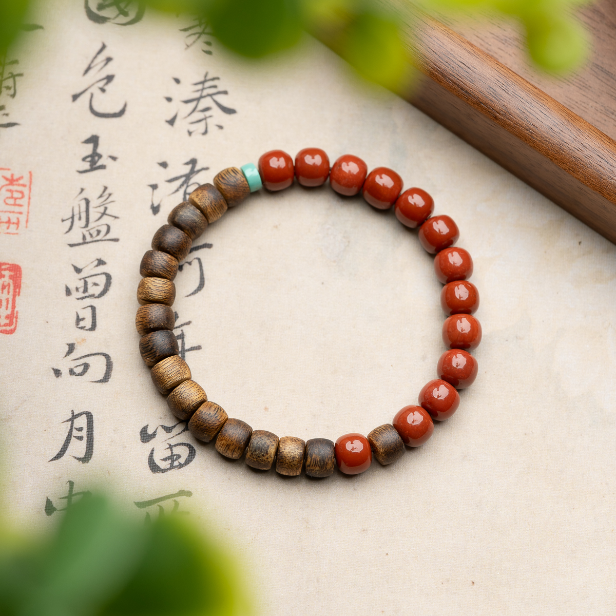 沉香莺歌绿奇楠沉香7*5mm直切老型珠南红单圈手串新中式国风