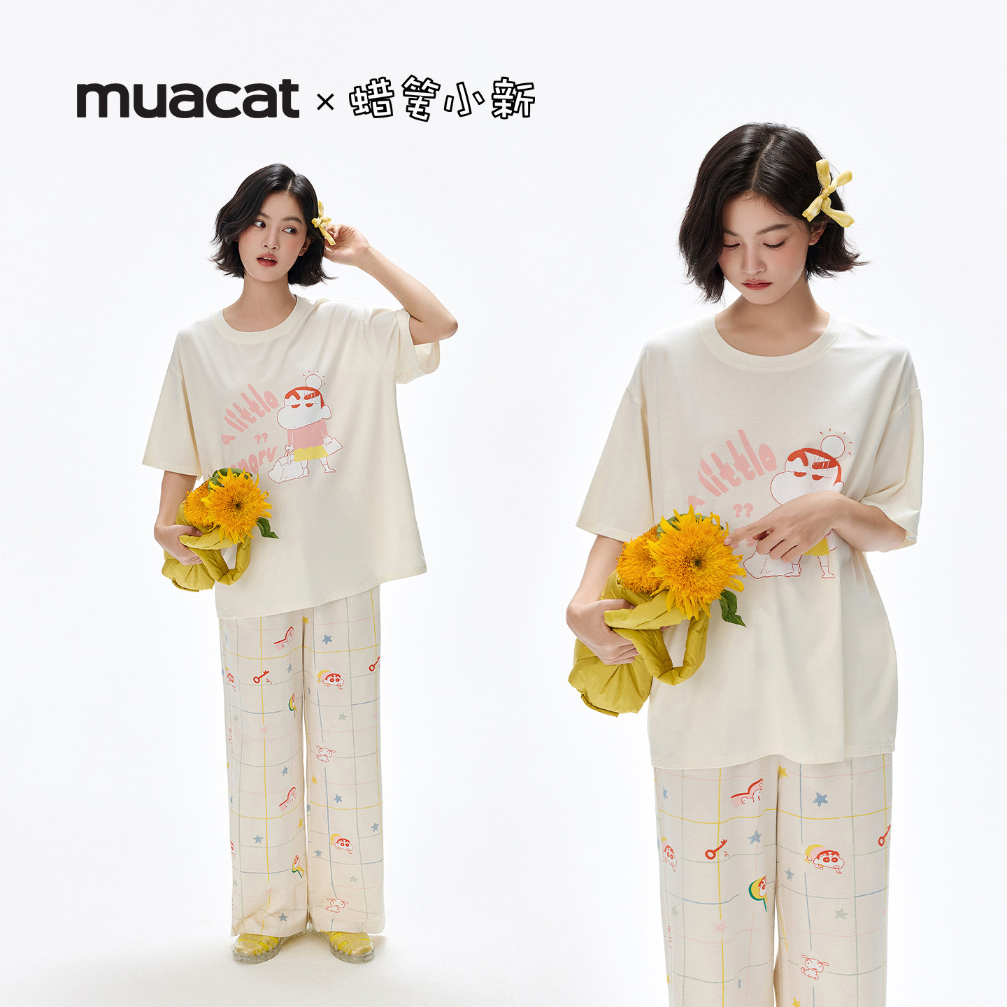 亲嘴猫【蜡笔小新】莫代尔棉可外穿卡通短袖睡衣家居服套装春夏女