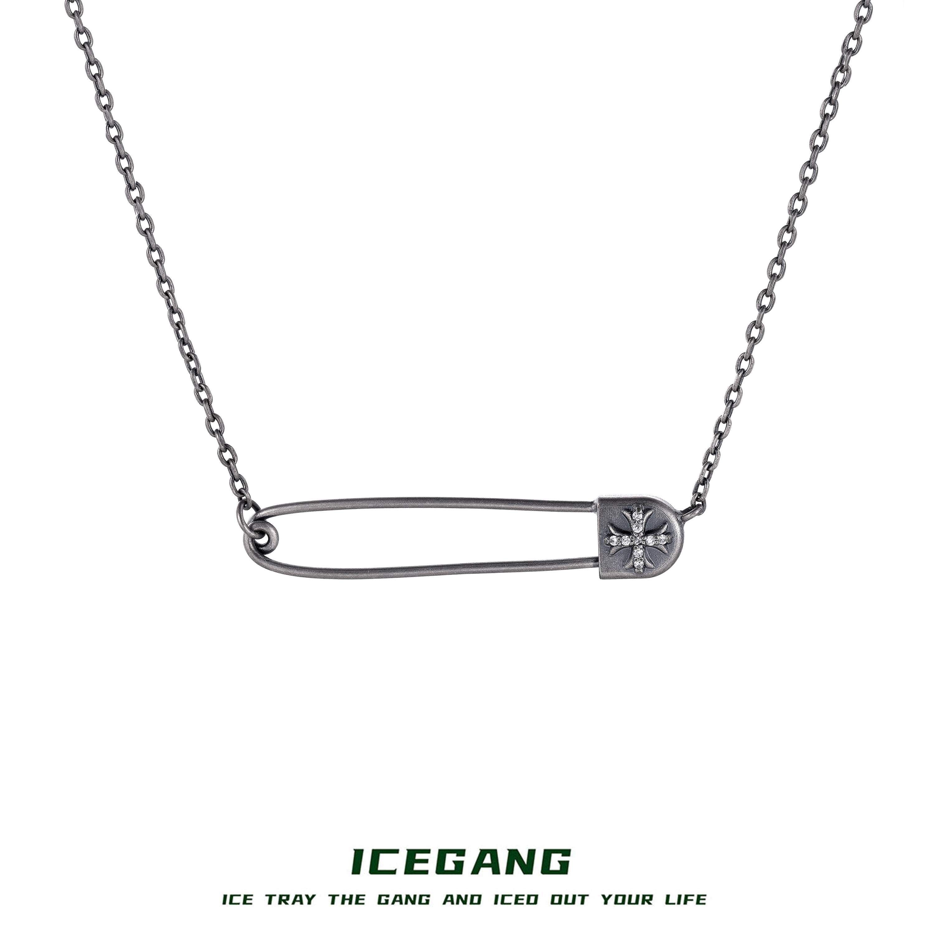 ICEGANG 铜合金莫桑石项链 复古做旧老钱风别针项链莫桑石首饰