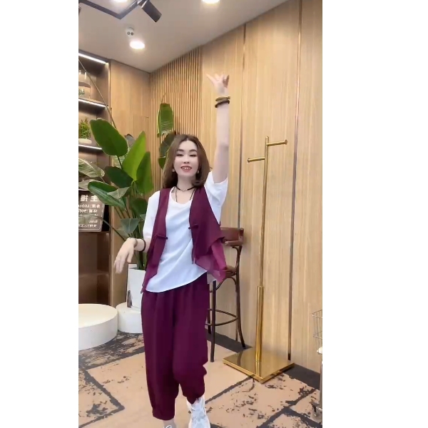 2025夏季洋气显瘦时尚盘扣扭帕马甲+半袖+裤子三件套