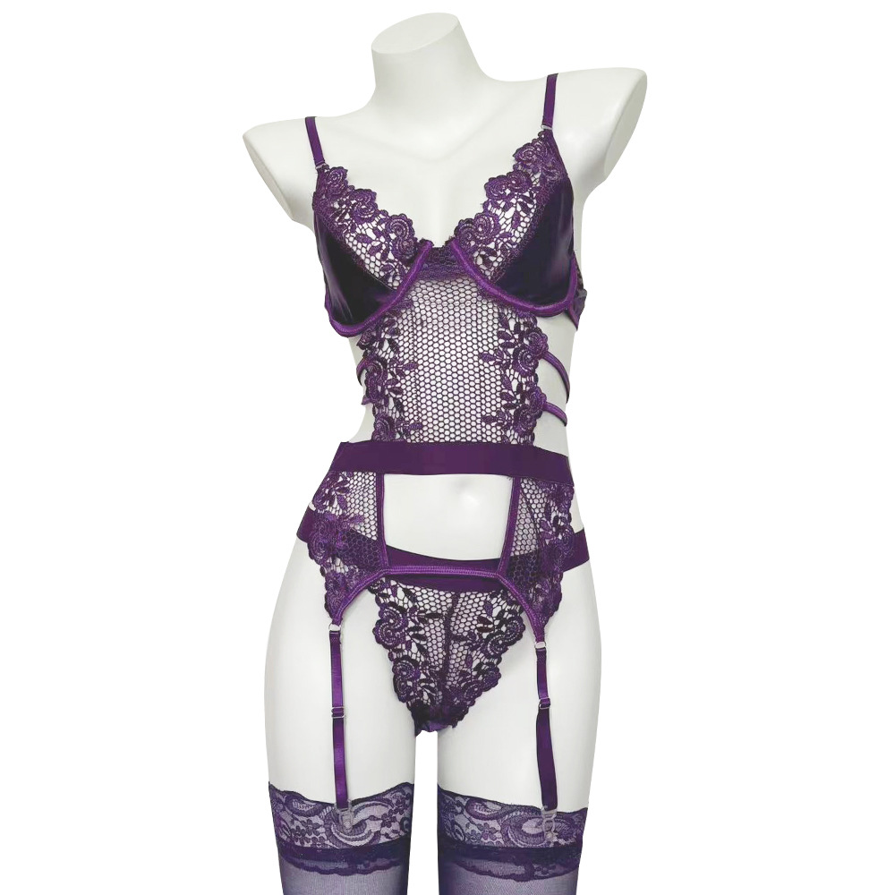 紫色刺绣钢圈蕾丝拼接透视制服装激情套装性感镂空诱惑
