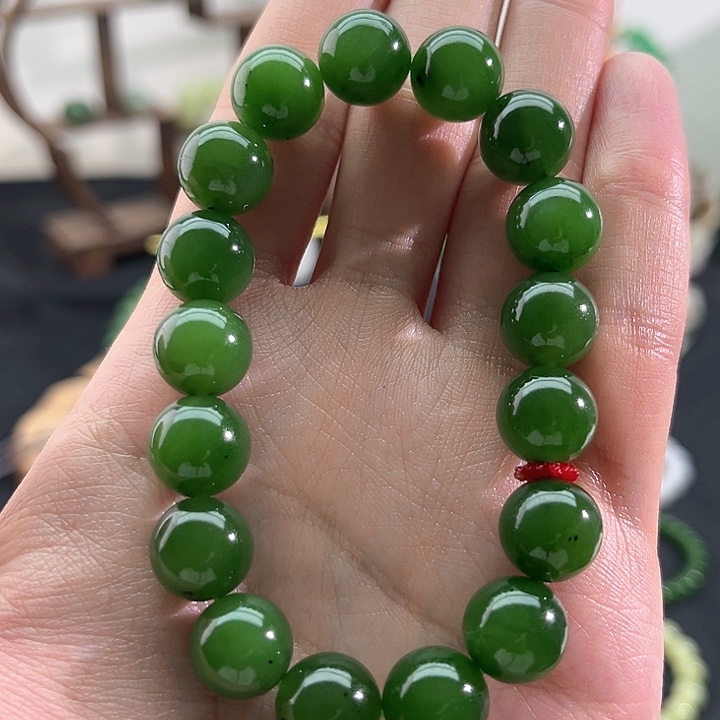 和田玉颈饰未镶嵌碧玉-老坑菠菜绿-12mm手串