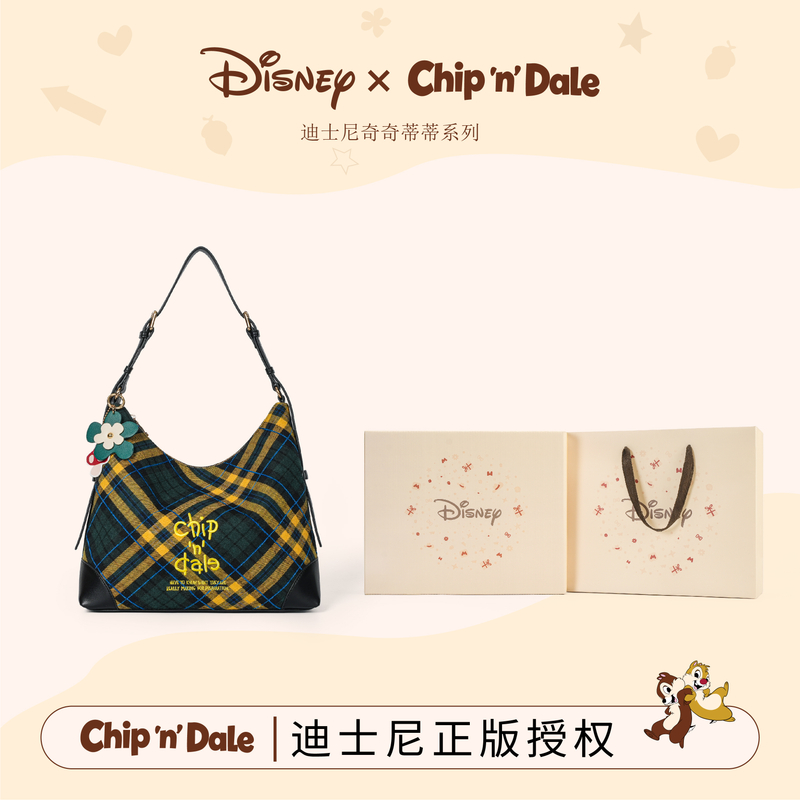 Disney/迪士尼奇奇蒂蒂系列复古学院风刺绣格纹大容量单肩托特包