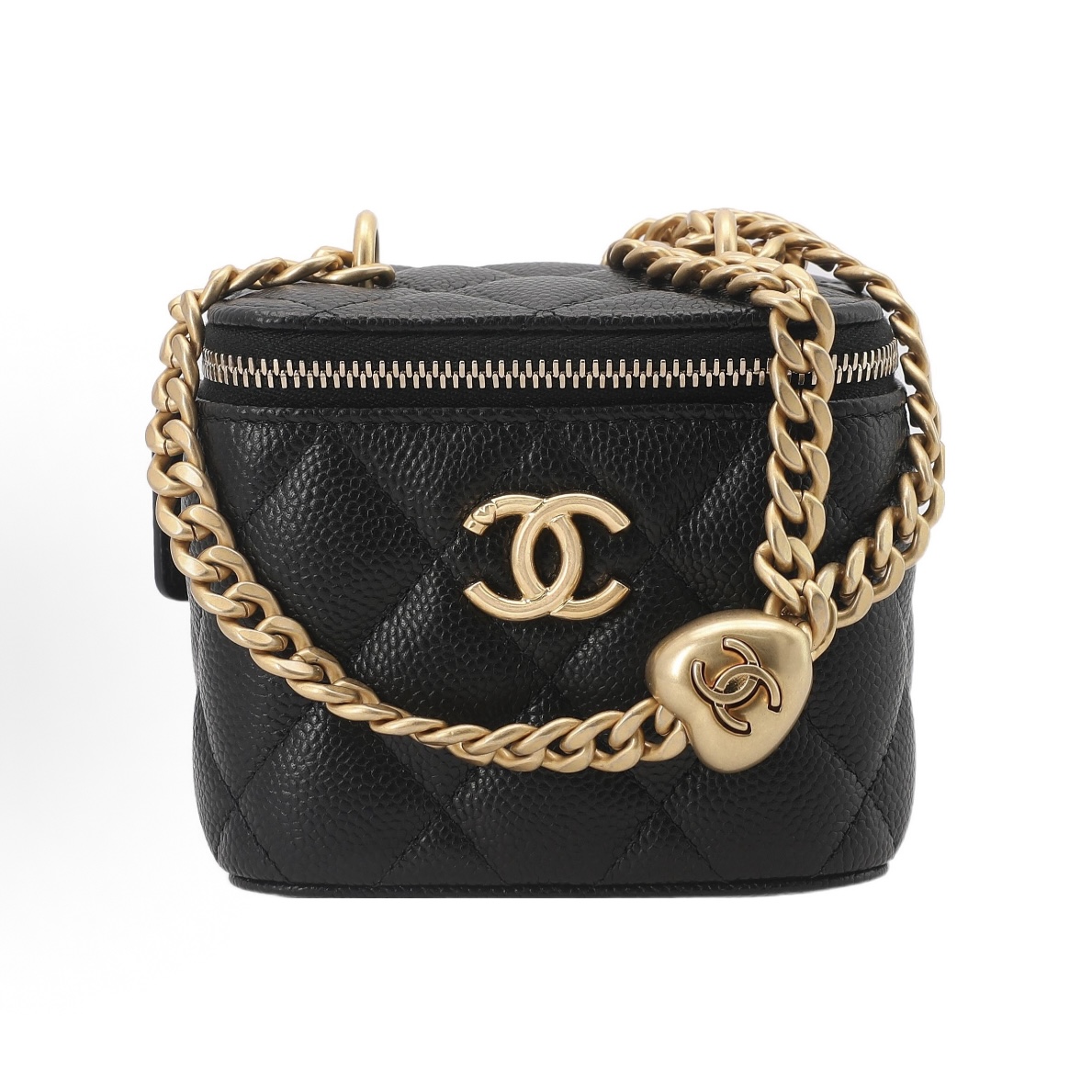 99新 Chanel/香奈儿 23P爱心扣化妆盒黑金菱格颗粒牛皮小废包