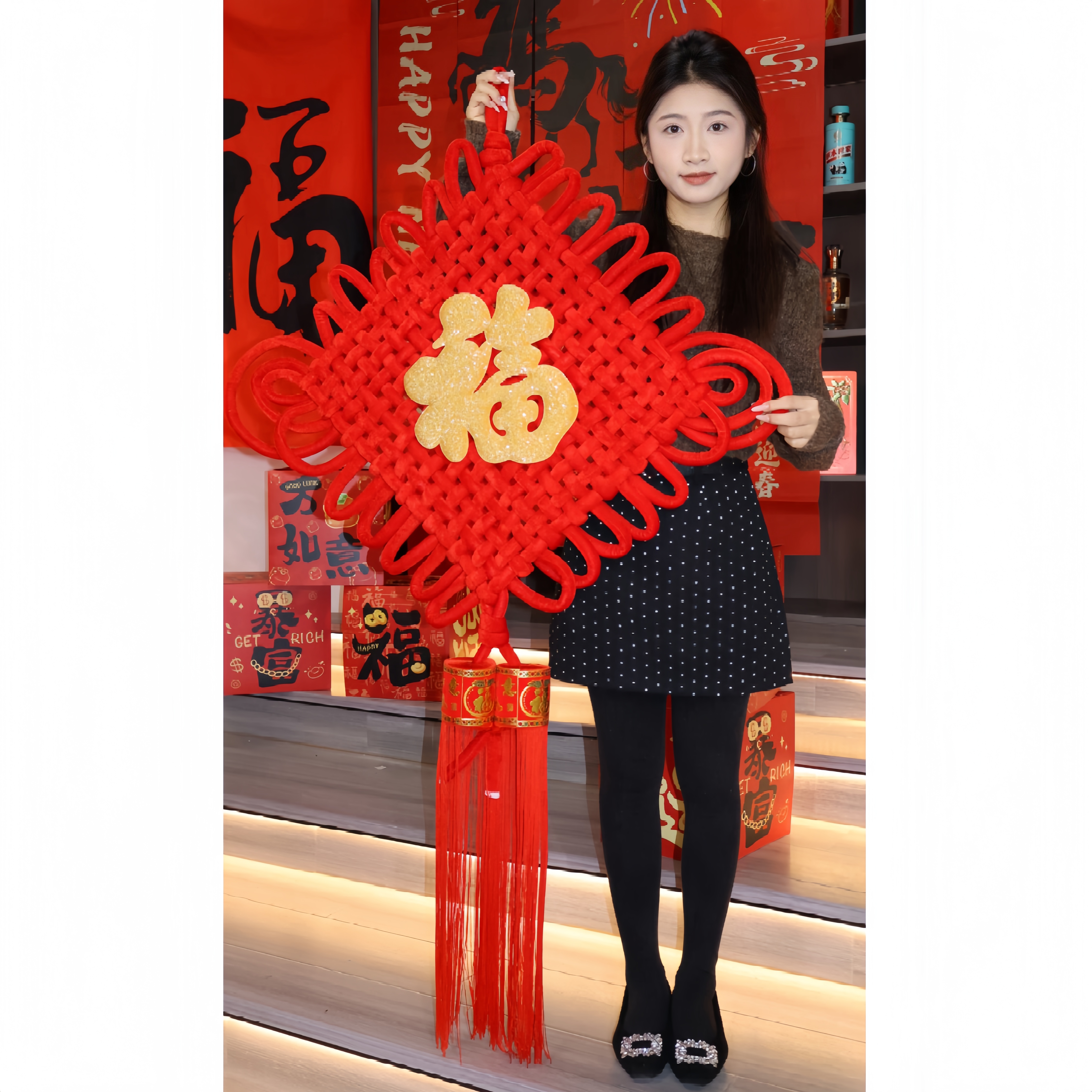 福字带球绒布中国结挂件春节大号高档中国红新房手工大型正红结实