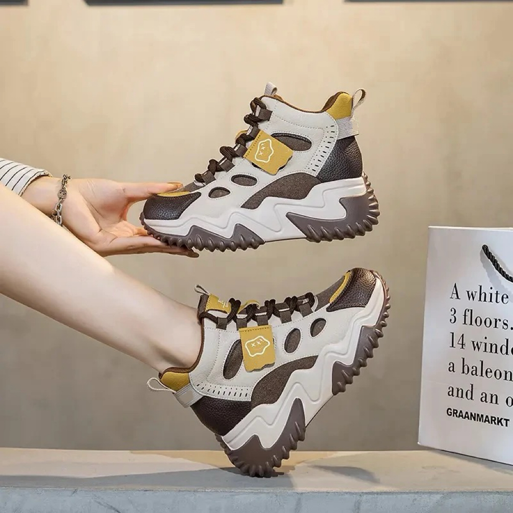 2025春季新款时尚老爹鞋女百搭厚底不累脚镂空拼接网面设计感女鞋