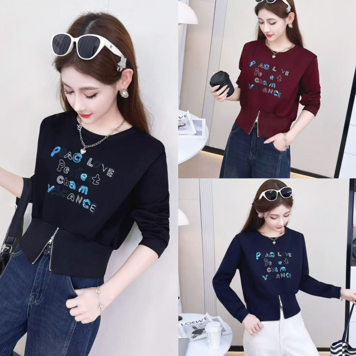 新款假两件重工刺绣显瘦休闲卫衣25860