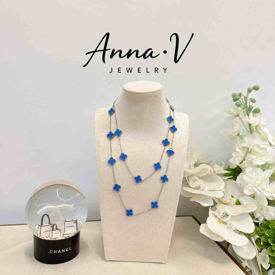 锌合金珐琅项链 AnnaV经典蓝色四叶草毛衣链项链N0158