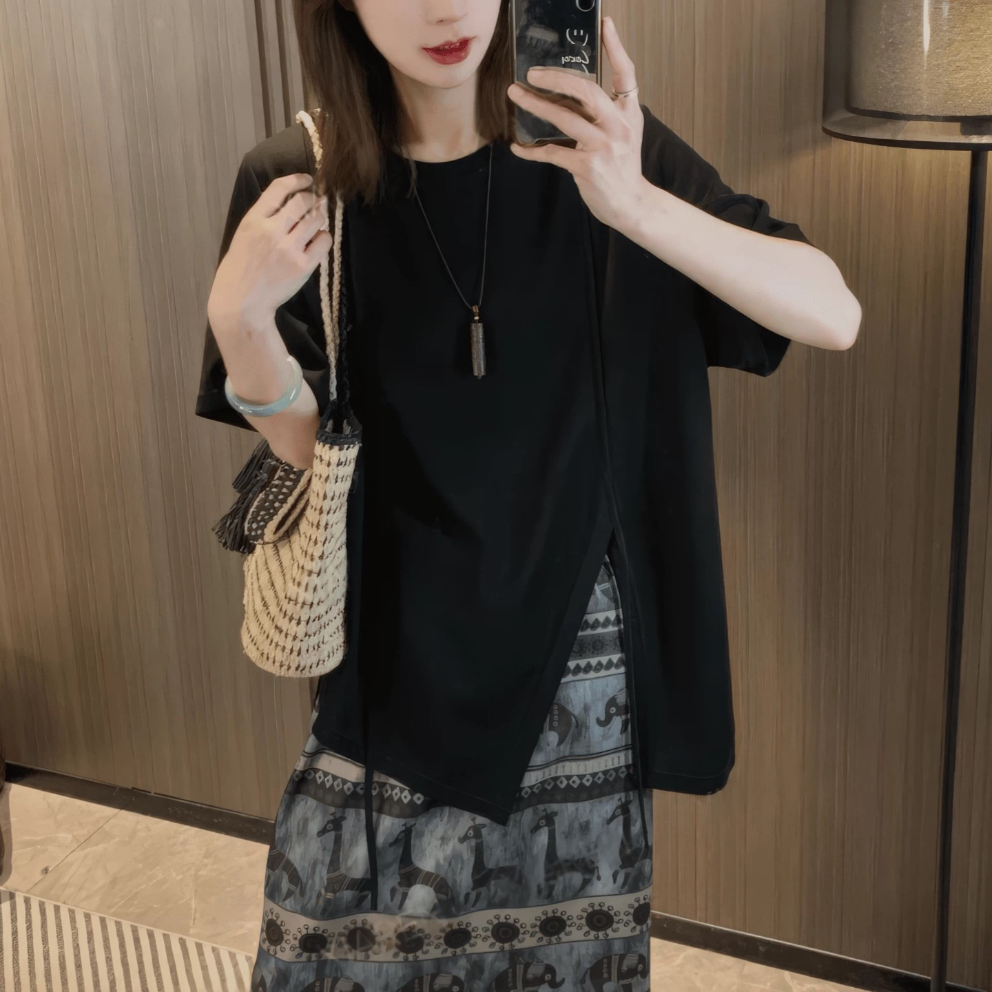 常规时尚印花流苏拼接显瘦日常T恤宽松型短袖设计感