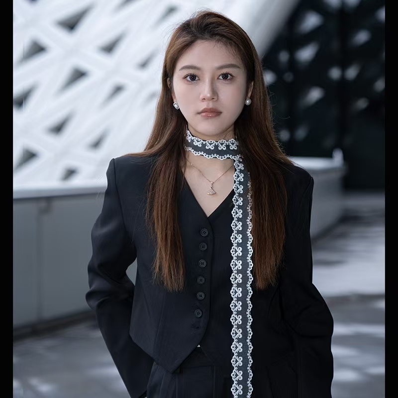 气质V领排扣西装外套高腰休闲直筒裤两件套装女配飘带qz-887