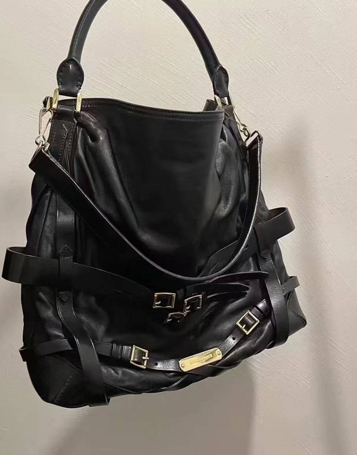 95新 BURBERRY/博柏利 巴宝莉全皮绑带托特包黑金牛皮/34522996