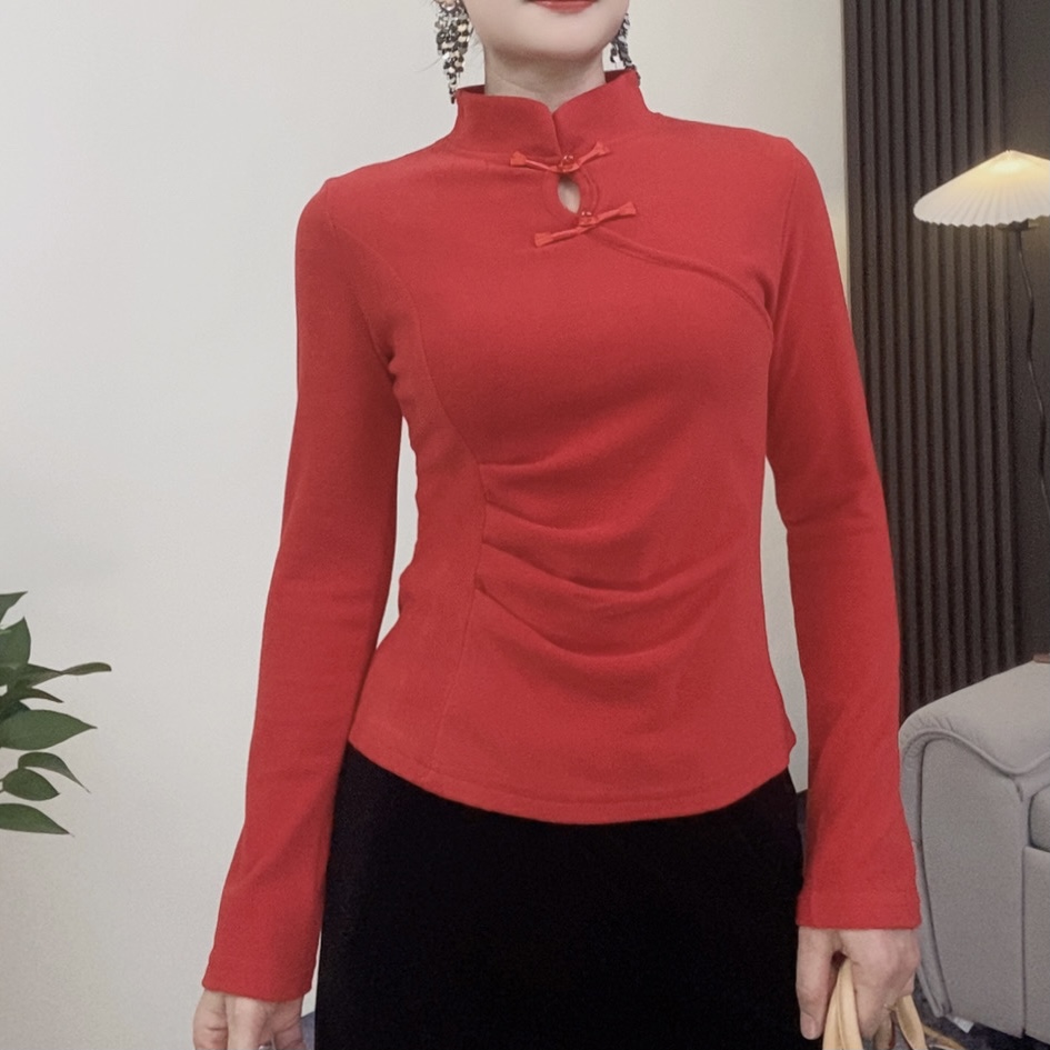 国风盘扣新中式上衣2025秋款秋冬洋气长袖打底衫加绒修身显瘦气质