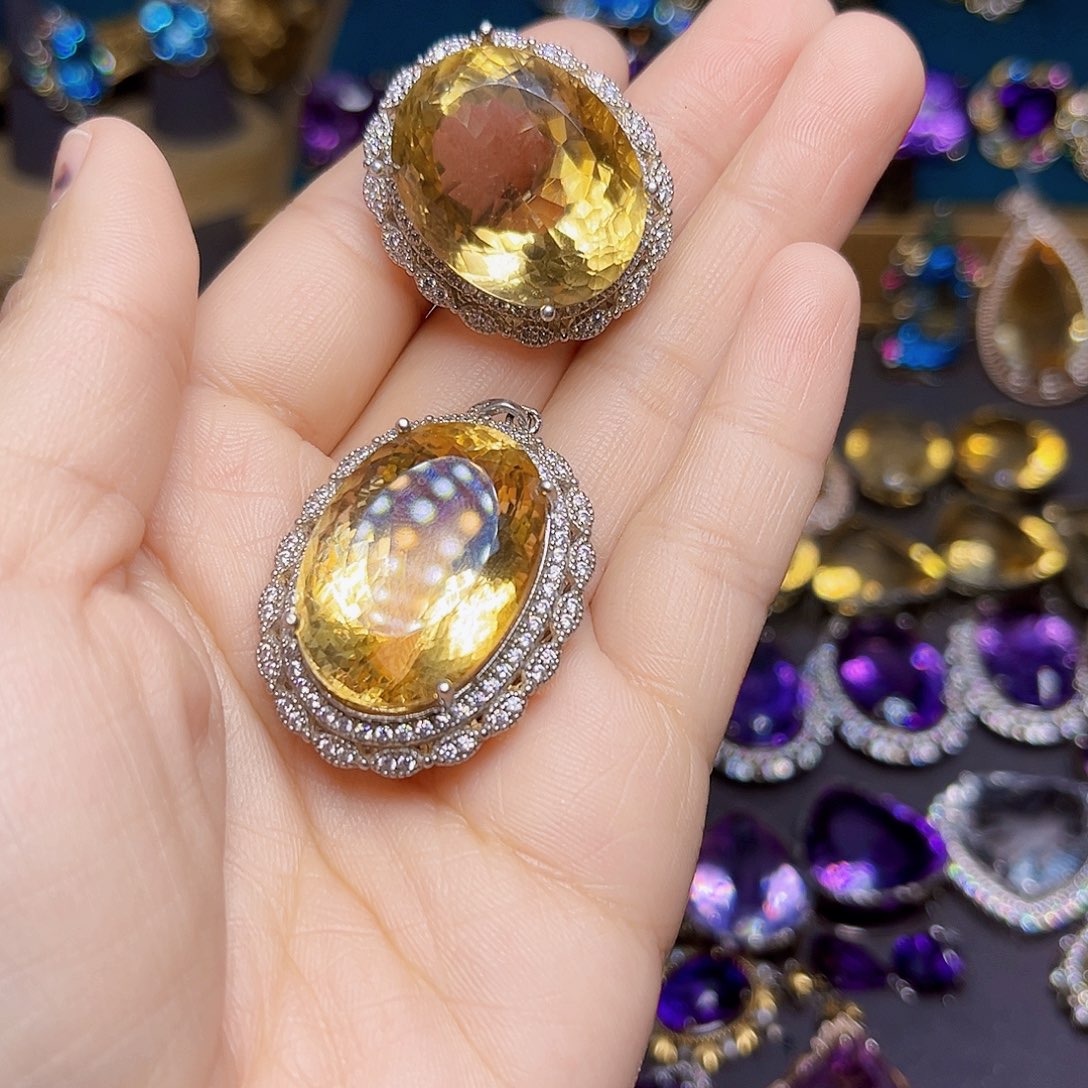 水晶天然黄水晶吊坠➕戒指银S925镶嵌p***l