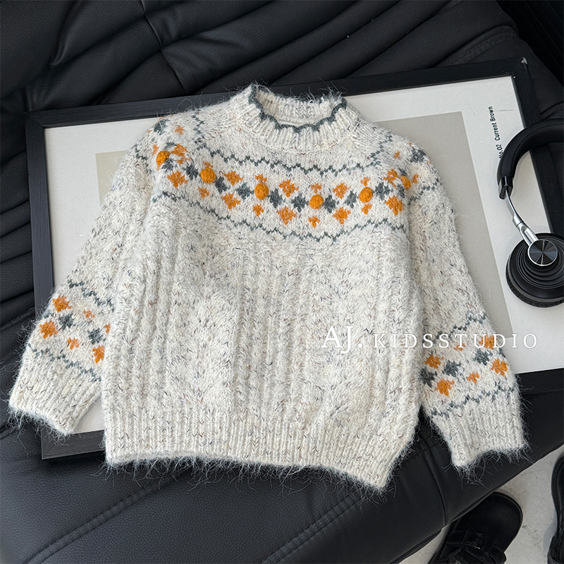 阿卷冬款儿童韩版时尚撞色提花软糯保暖套头针织毛衣MPG7463-PP3