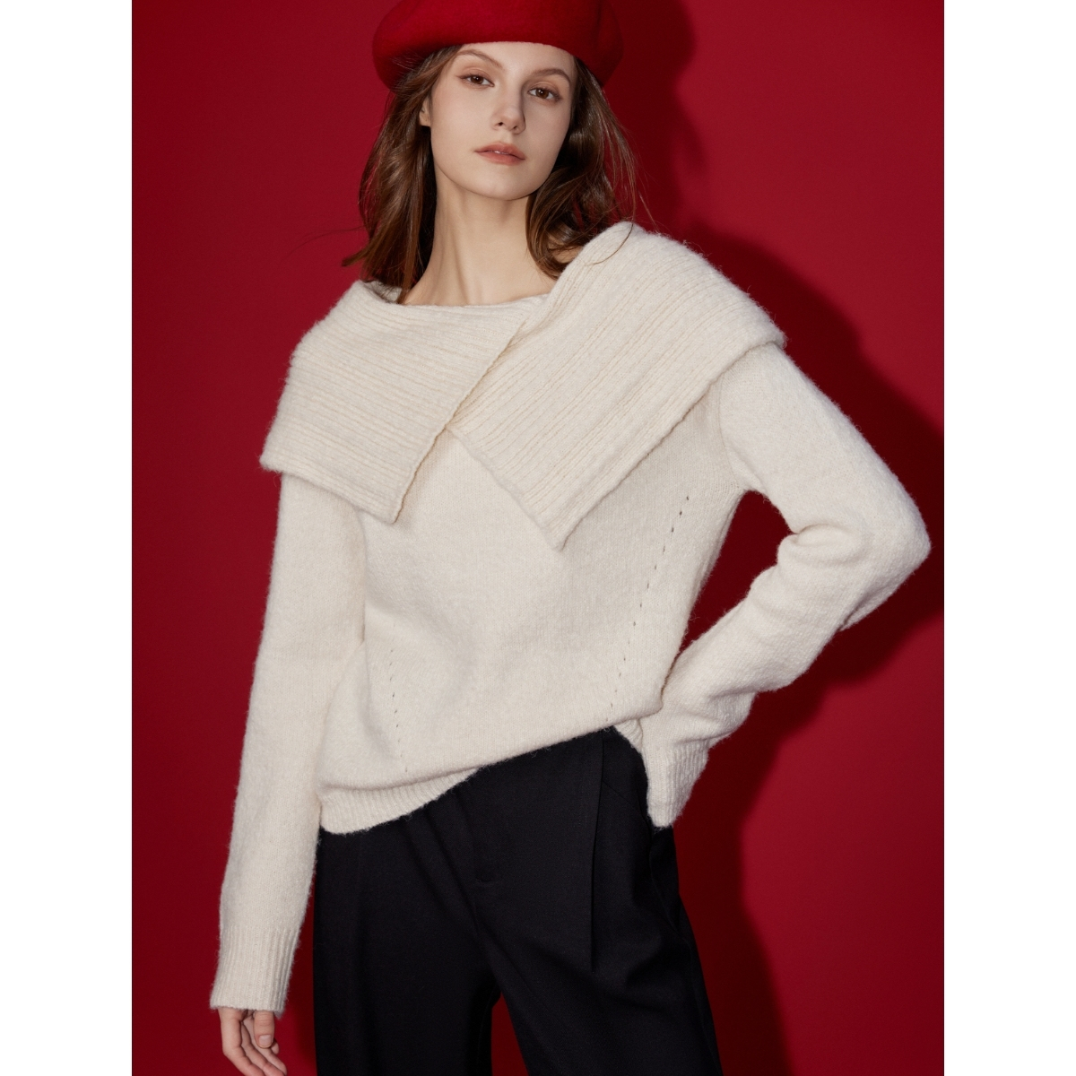 ELLE高级感红色毛衣打底衫女内搭可外穿冬季百搭针织上衣EM36973