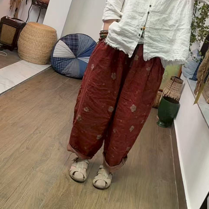 小秋推荐 亚麻印花休闲裤复古宽松百搭九分 老爹裤 