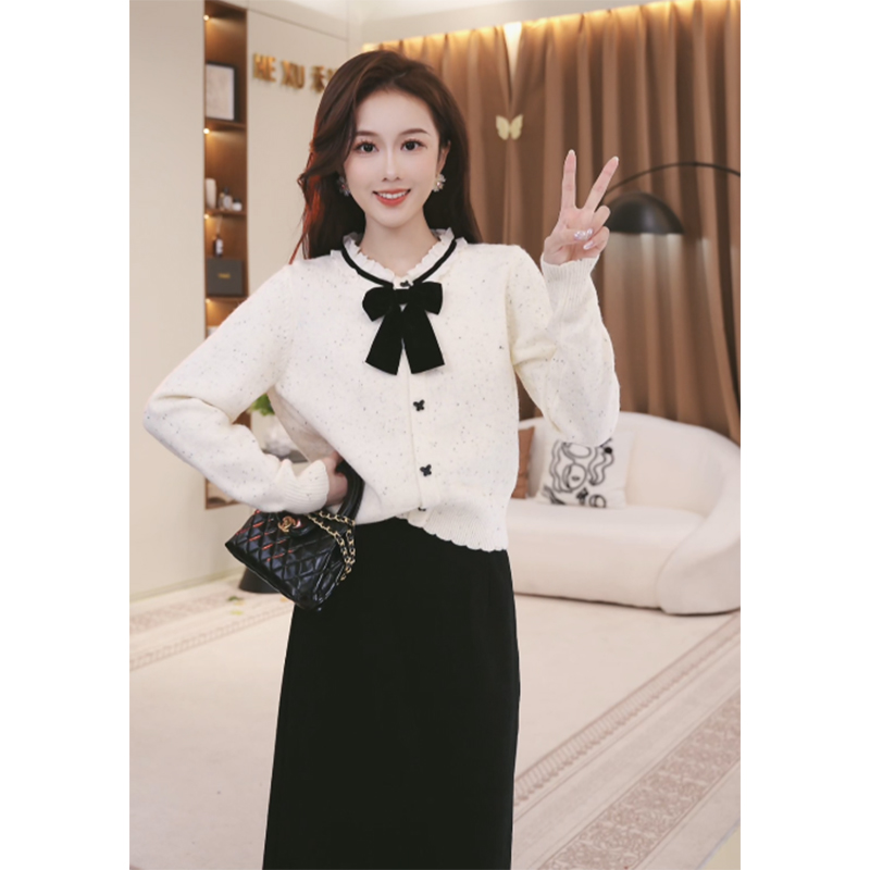 法式小香风蝴蝶结针织开衫搭a字半身裙两件套女2025秋新款TU30900