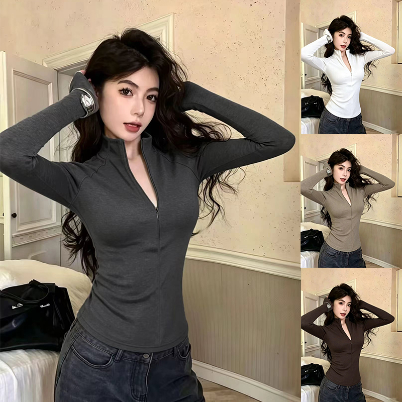 半高领拉链上衣女2026秋冬新款加绒辣妹设计感长袖T桖打底衫