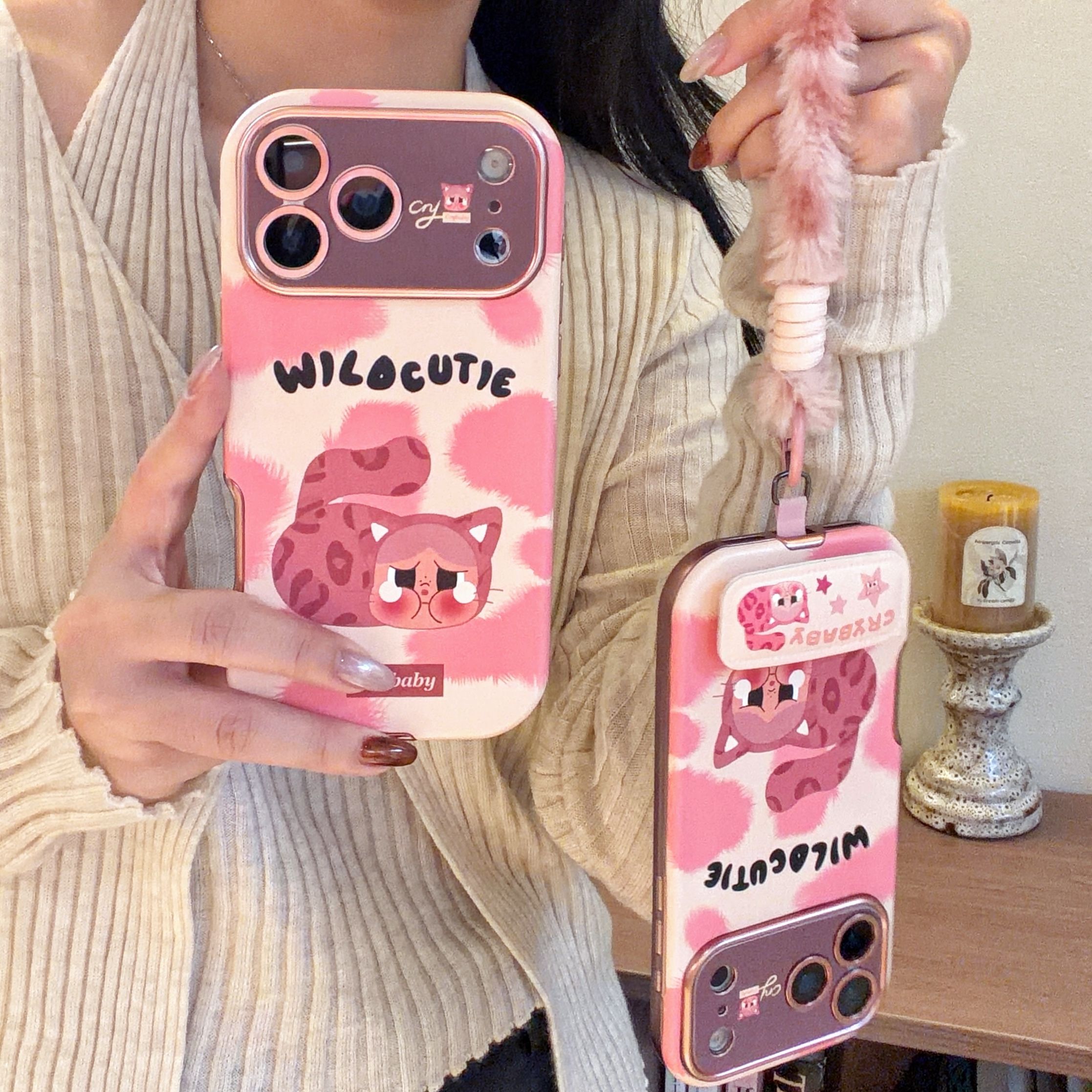 适用苹果17手机壳粉色大视窗带支架挂绳全包壳皮质条纹防摔保护套