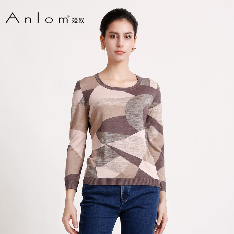 Anlom/娅奴针织衫秋季新款女时尚圆领气质修身女士桑蚕丝上衣套衫