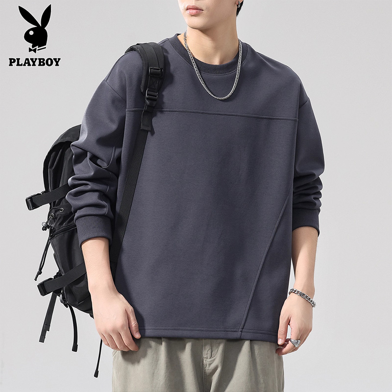 花花公子2025拼接男士卫衣圆领宽松套头百搭时尚春秋潮流休闲长袖