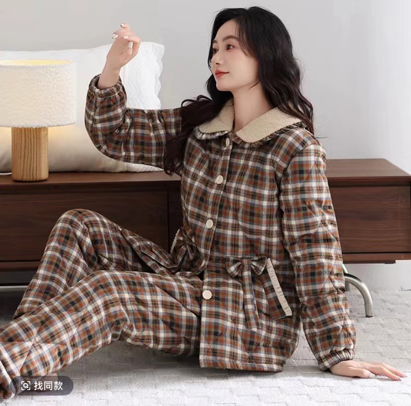 5-2025新款梭织棉三层夹棉冬季厚款风可外穿家居时尚睡衣