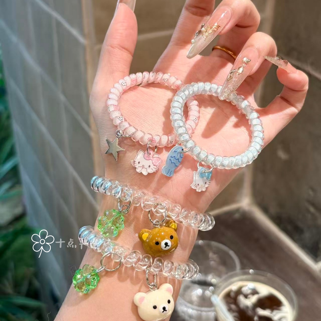 可爱轻松熊吊坠猫吃鱼kt猫电话线发圈甜美清新少女百搭扎发头绳