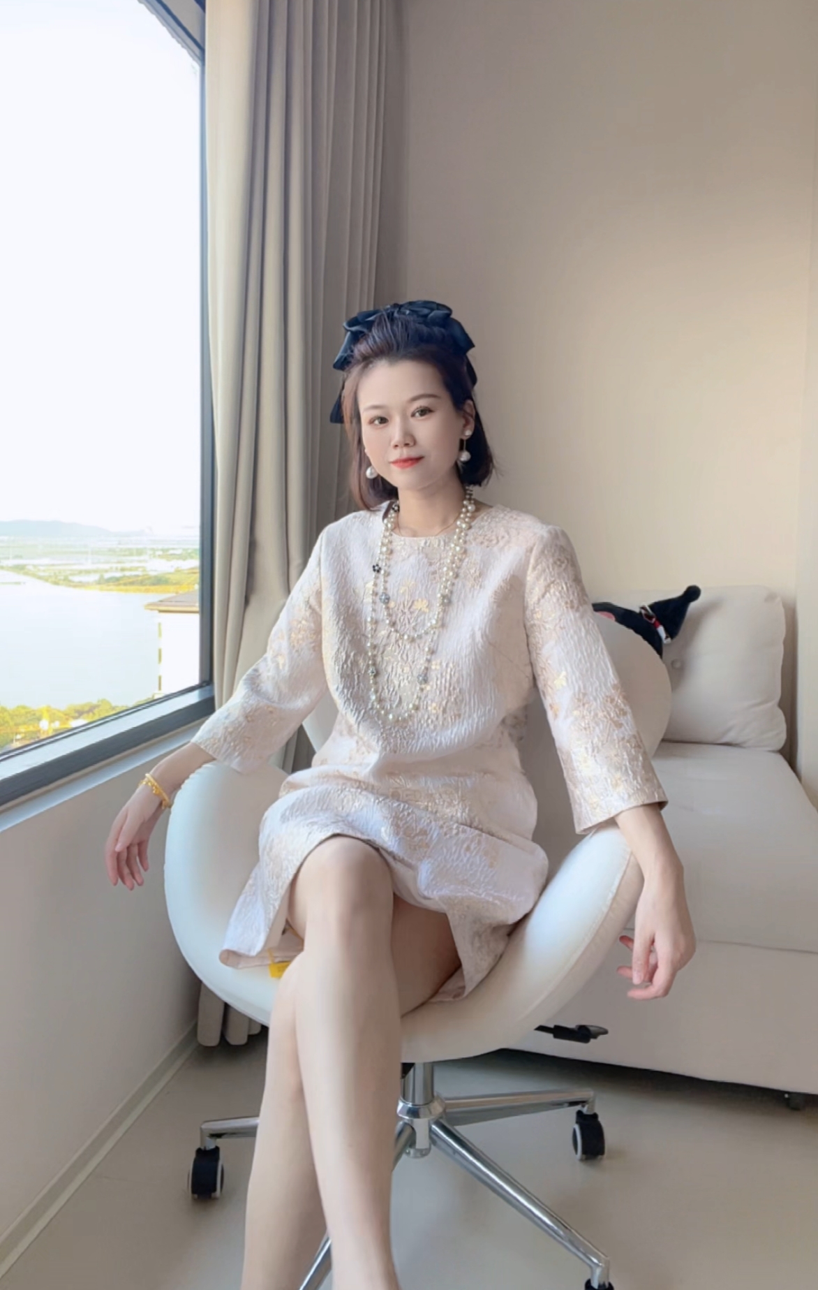 春秋夏季新款圆领金丝线修身法式名媛女装连衣裙3803