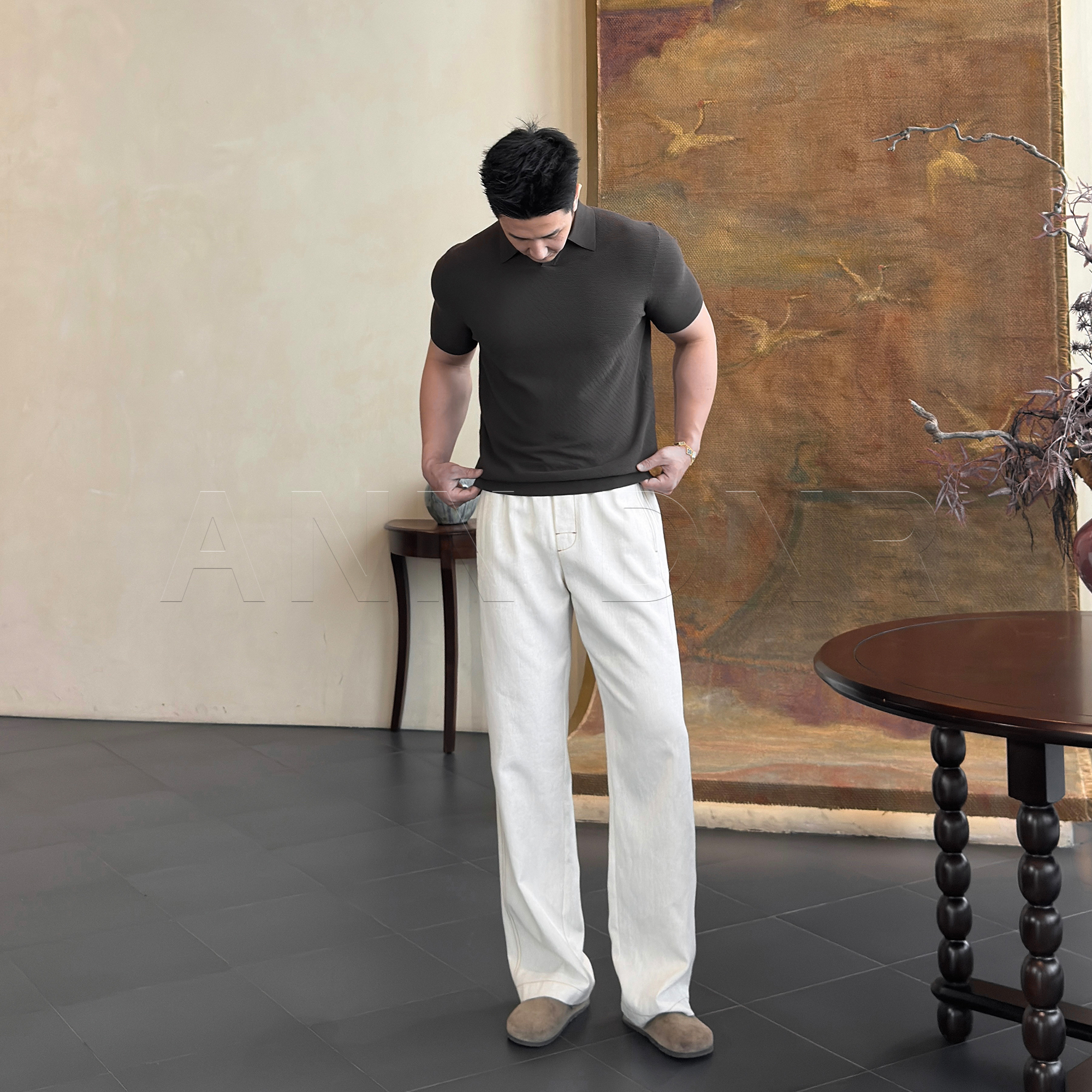 ANN DNR “抗皱夏季薄款透气亚麻直筒休闲裤KL12377