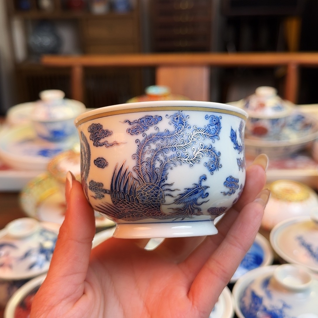 杯优*重工描金银点工五凤炉式杯纯手绘