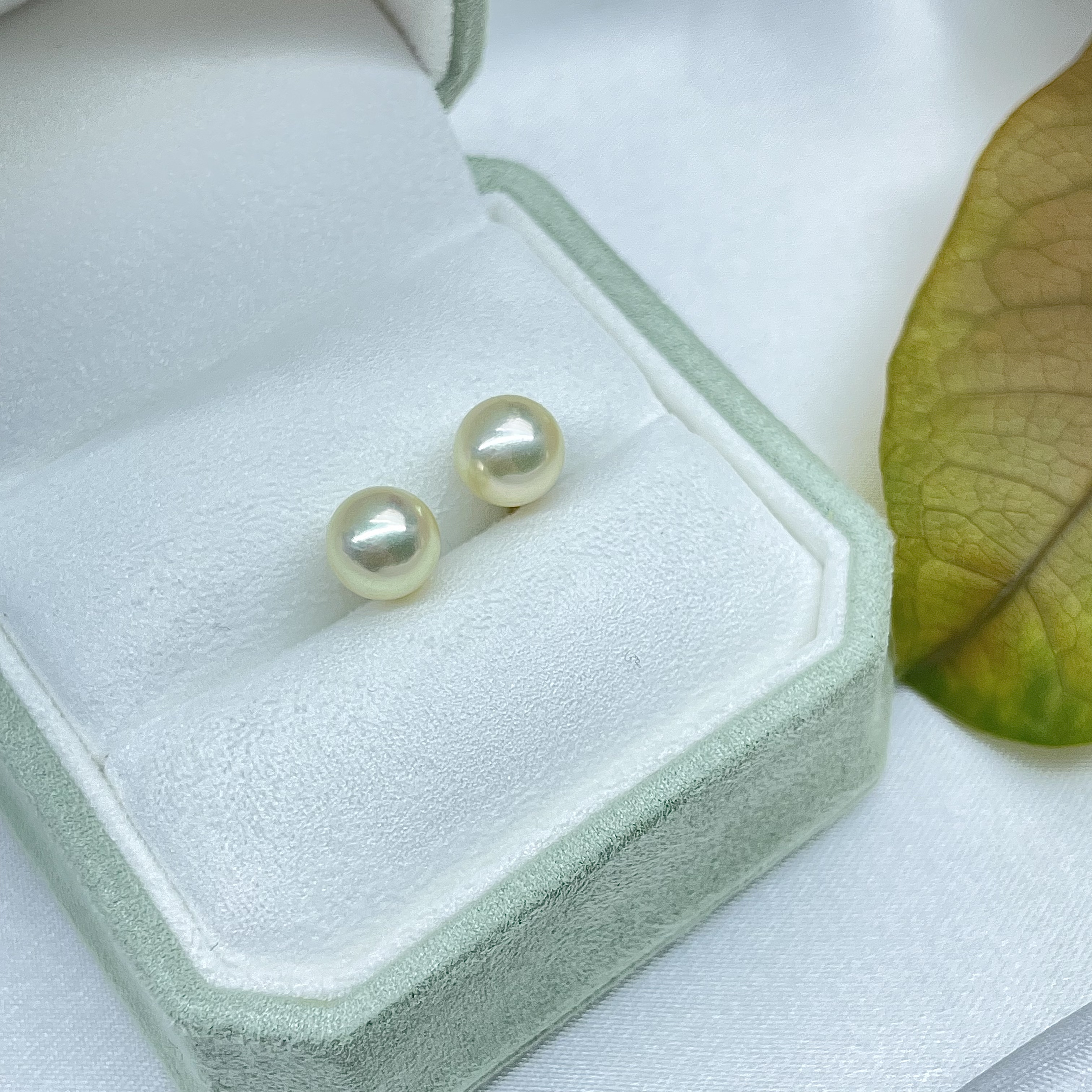 「生日场」海水akoya珍珠 羽皇金 7-7.5mm 18K金耳钉素钉女  X32