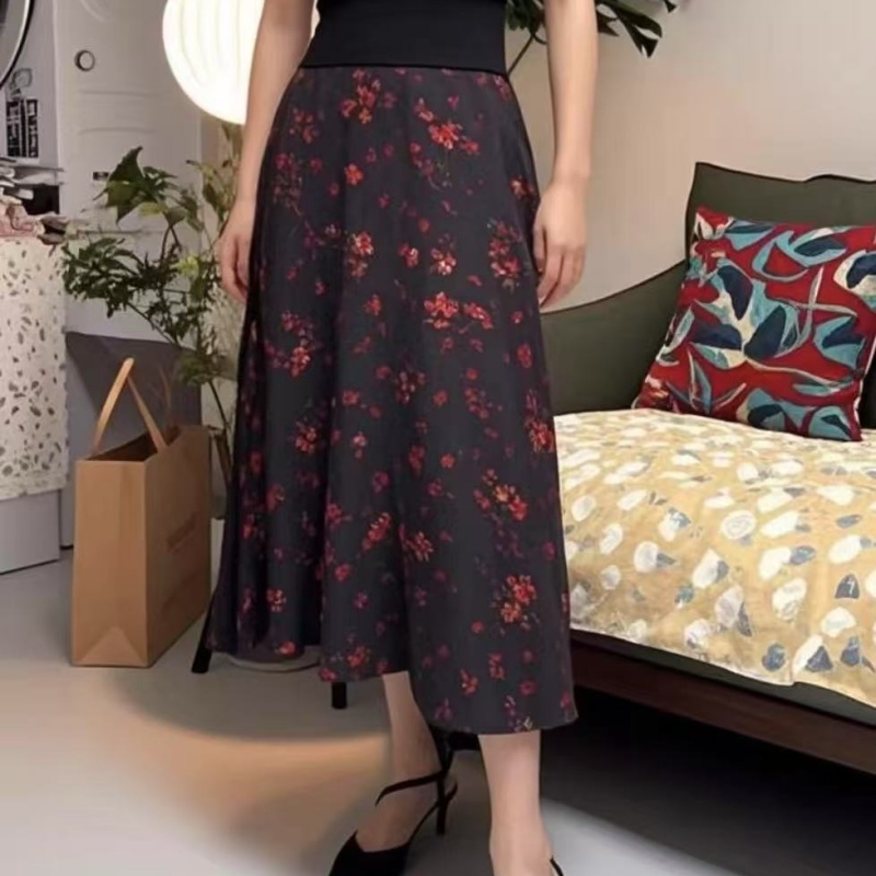 外贸日单A字裙气质女士松紧腰碎花半身裙百搭半裙长款裙子秋冬款