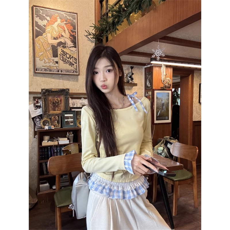 大码女装胖mm设计感假两件长袖T恤小众蕾丝拼接格子显瘦内搭上衣